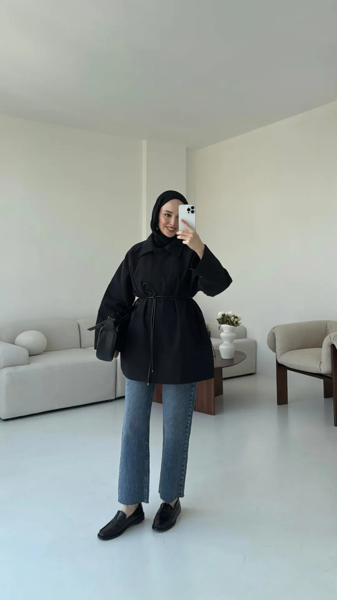 Deri Kemerli Premium Astarlı Fermuarlı Trençkot Siyah