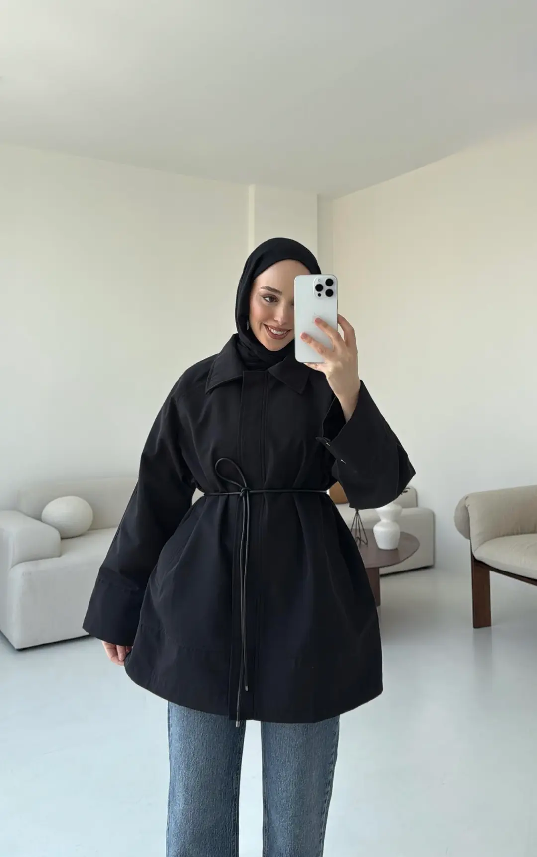 Deri Kemerli Premium Astarlı Fermuarlı Trençkot Siyah