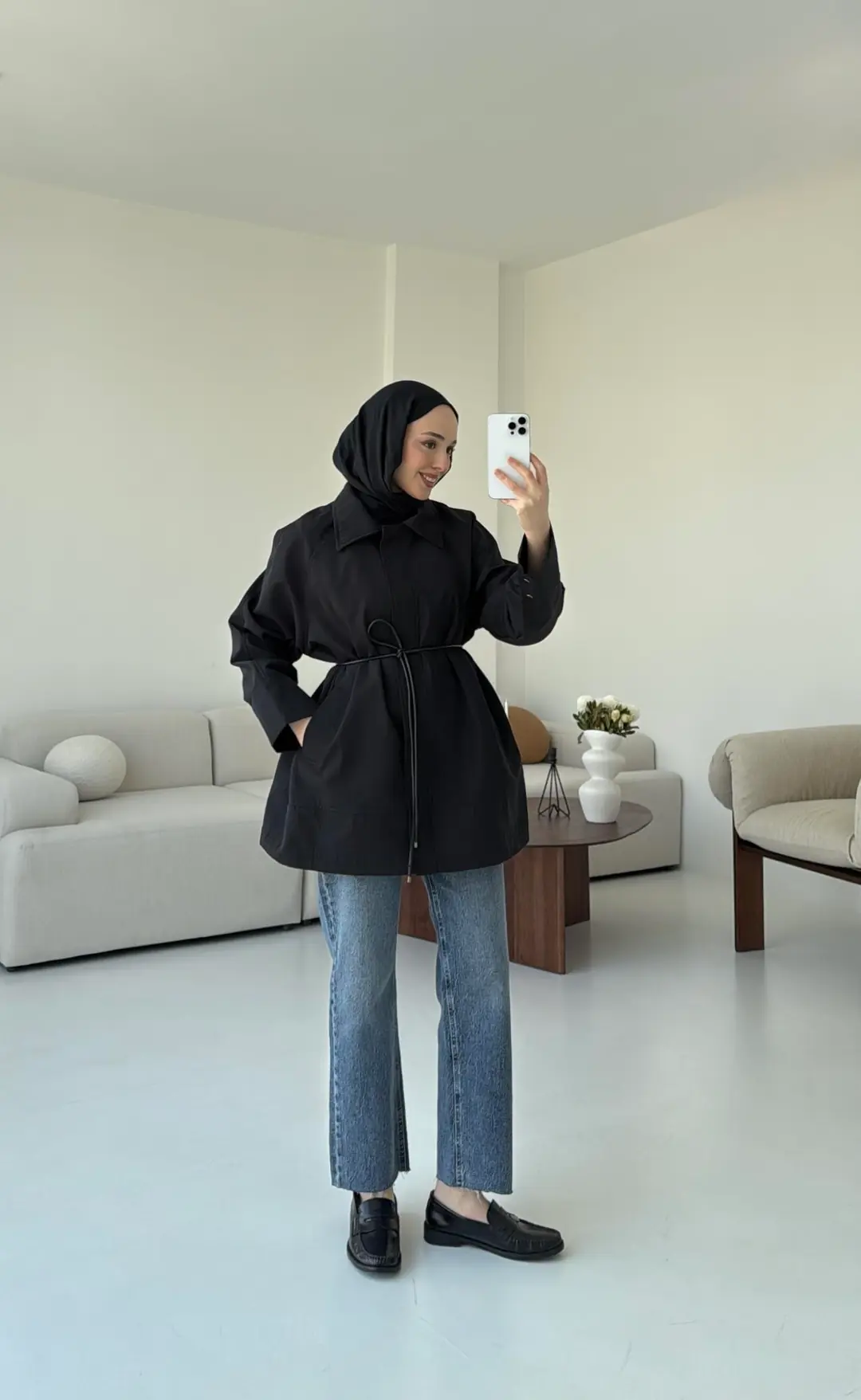 Deri Kemerli Premium Astarlı Fermuarlı Trençkot Siyah