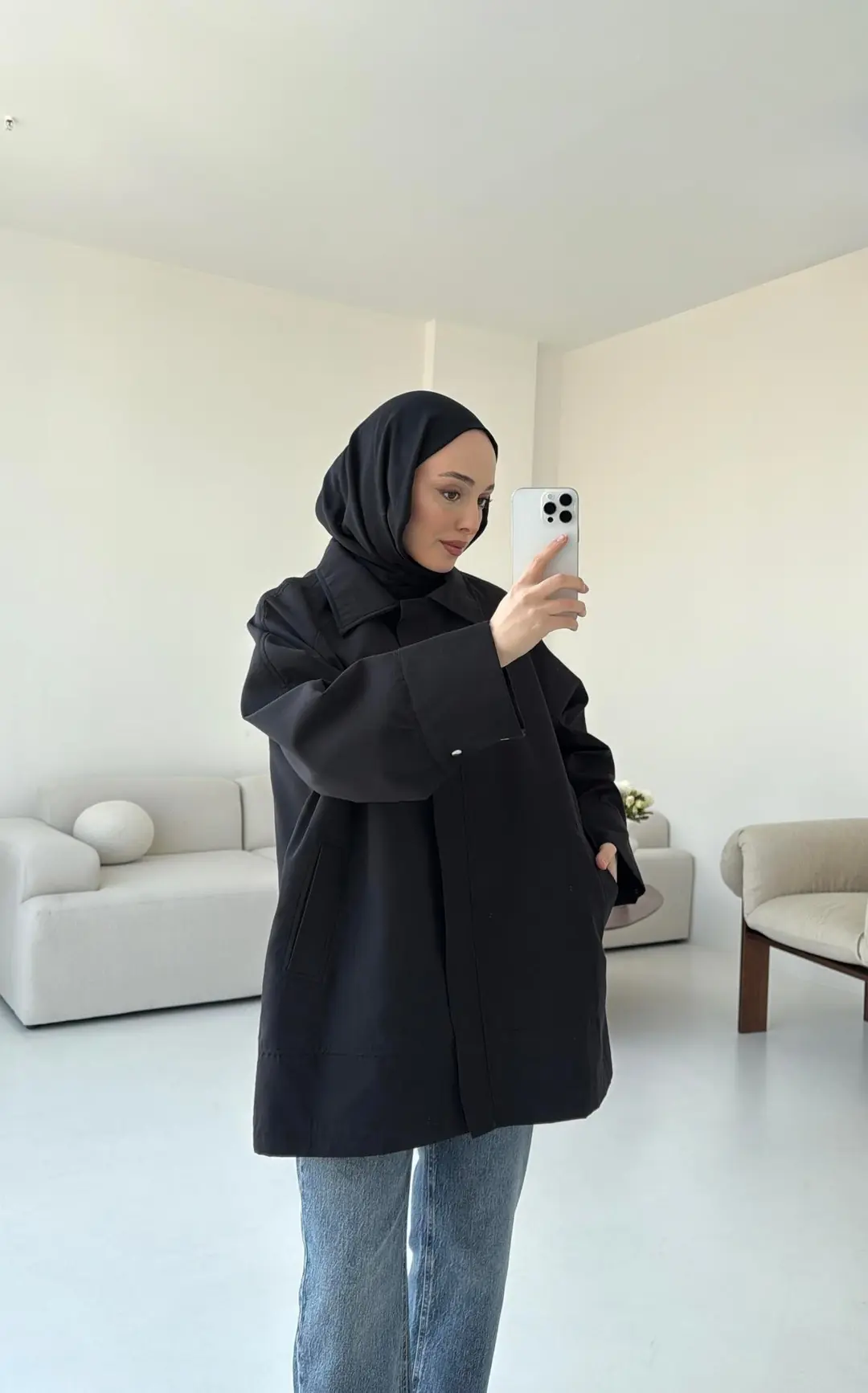 Deri Kemerli Premium Astarlı Fermuarlı Trençkot Siyah