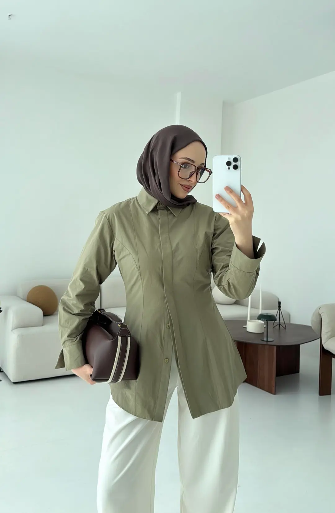 Belden Oturtmalı Poplin Gömlek Haki