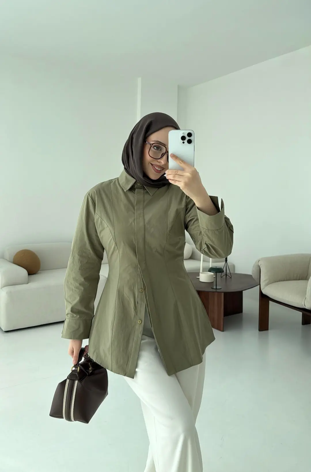 Belden Oturtmalı Poplin Gömlek Haki