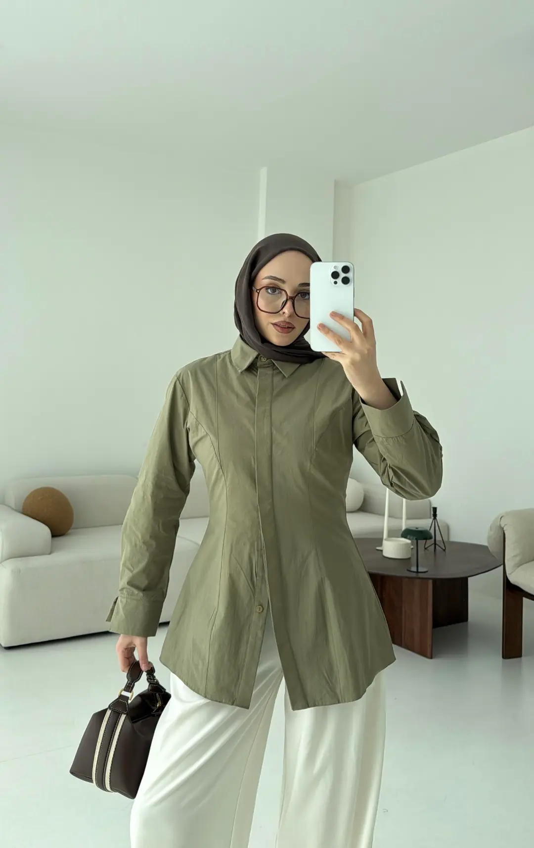 Belden Oturtmalı Poplin Gömlek Haki