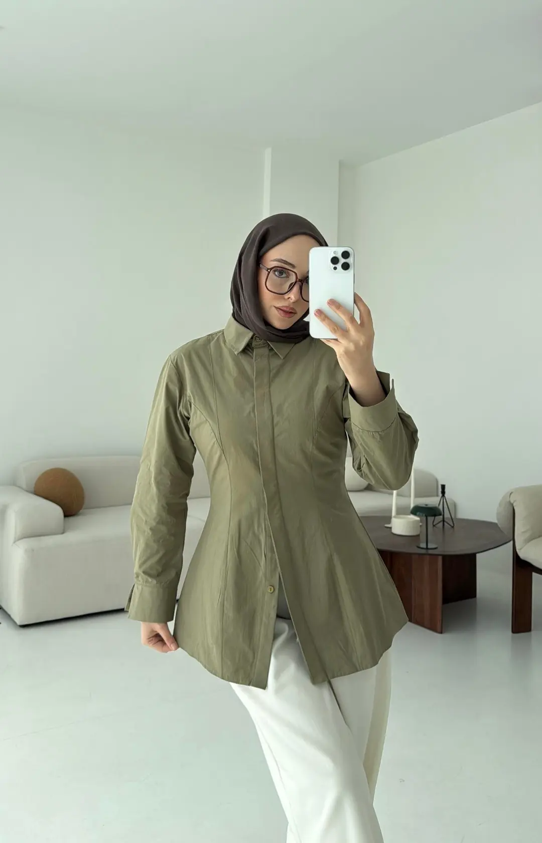 Belden Oturtmalı Poplin Gömlek Haki