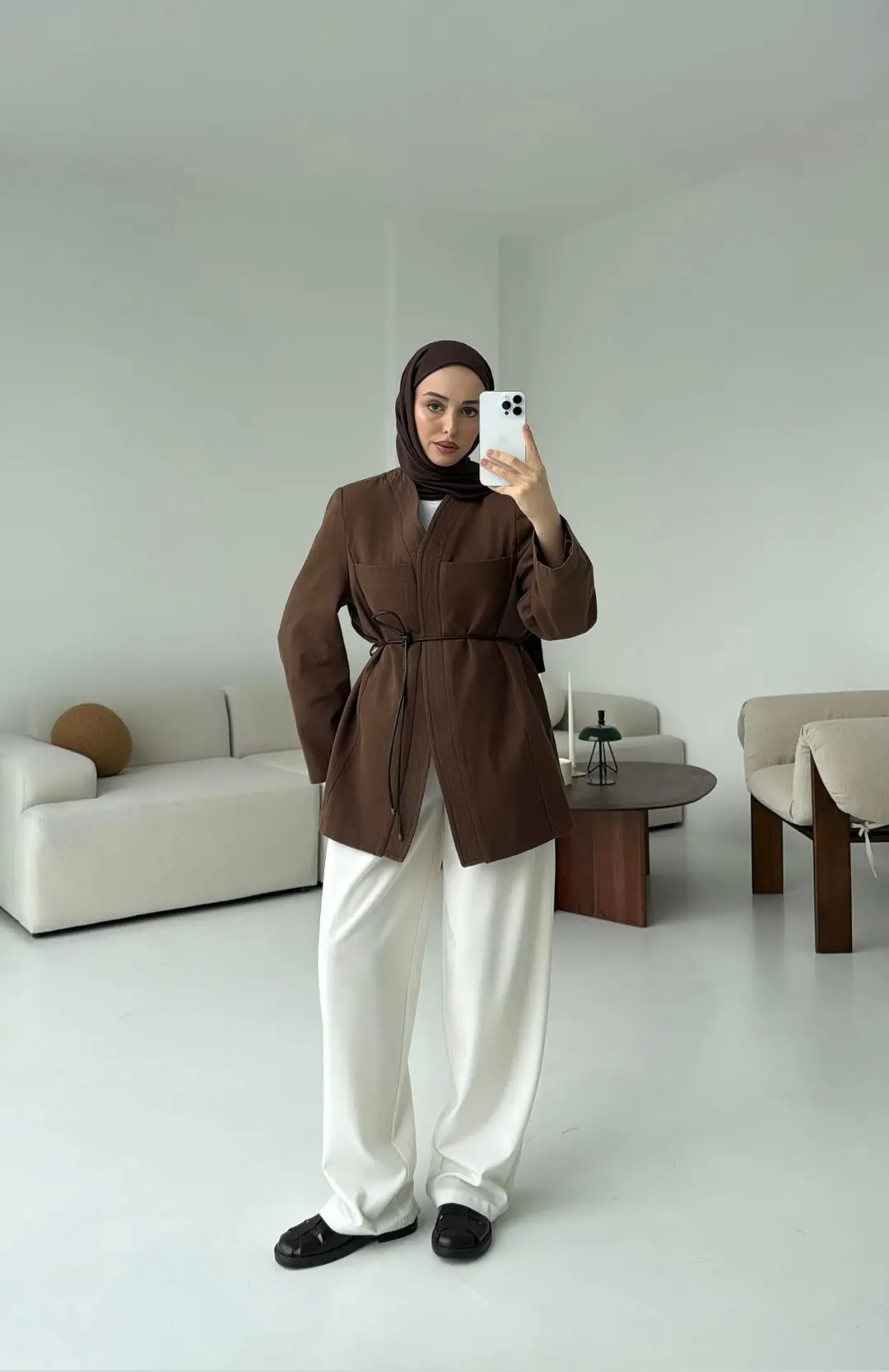 Gabardin Kemerli Ceket Kahve