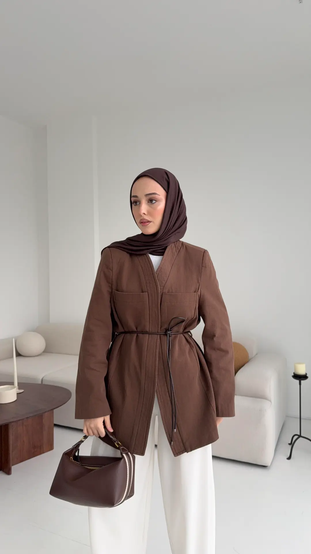 Gabardin Kemerli Ceket Kahve