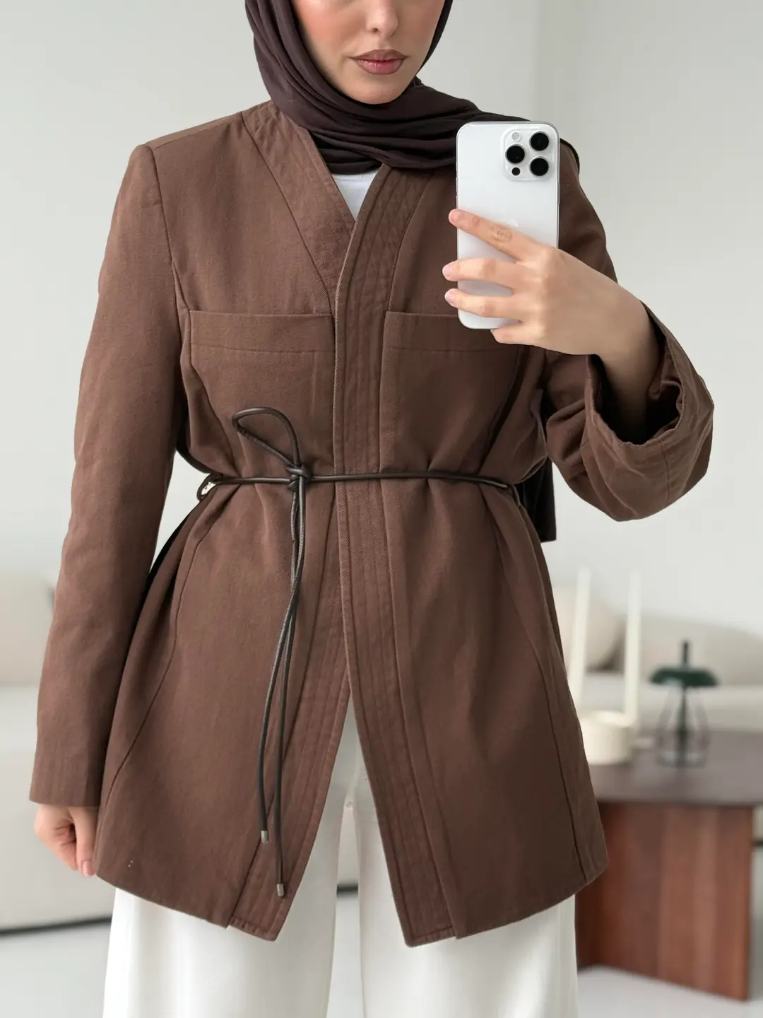 Gabardin Kemerli Ceket Kahve