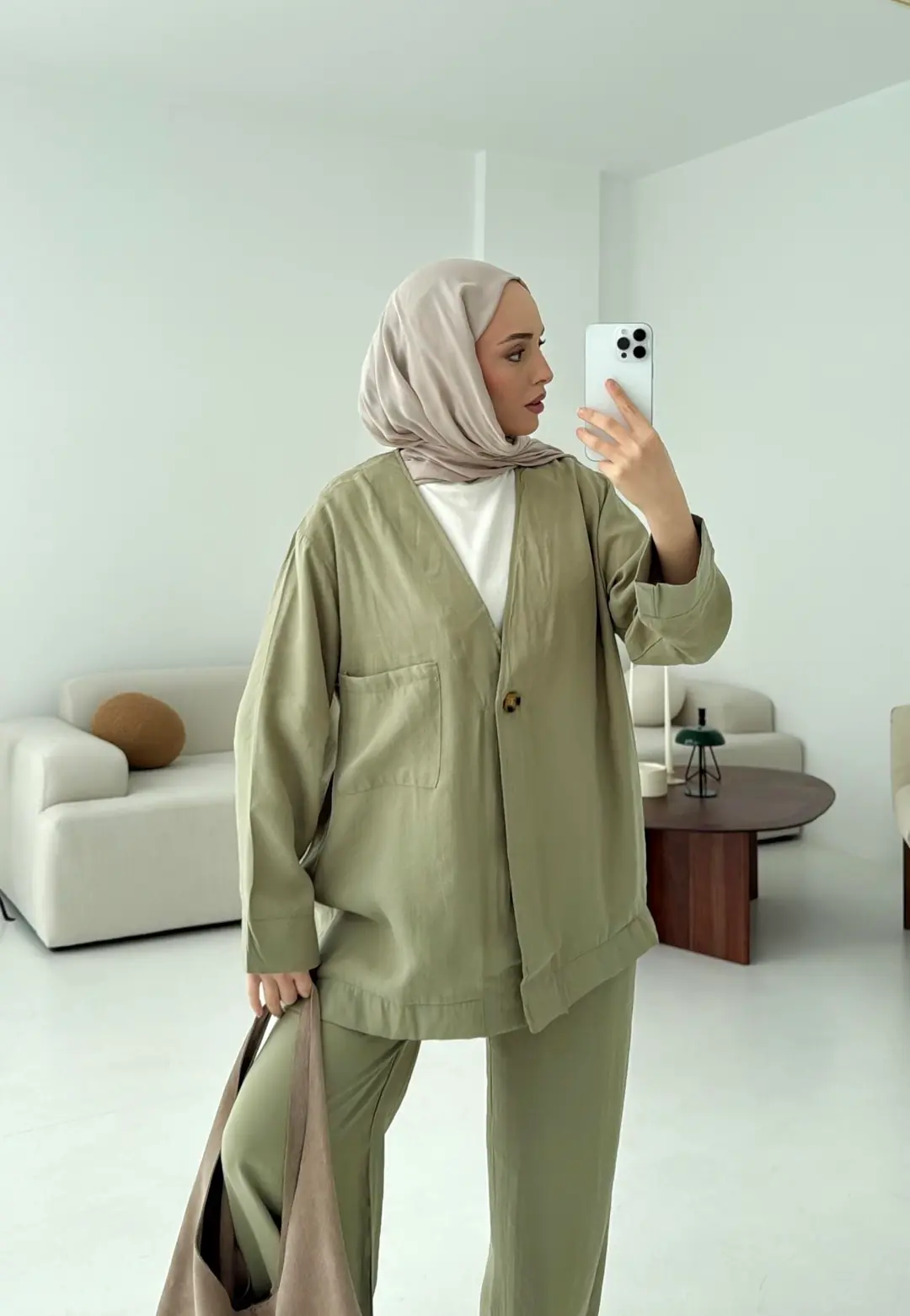 Tek Düğme Cepli Takım Açık Haki