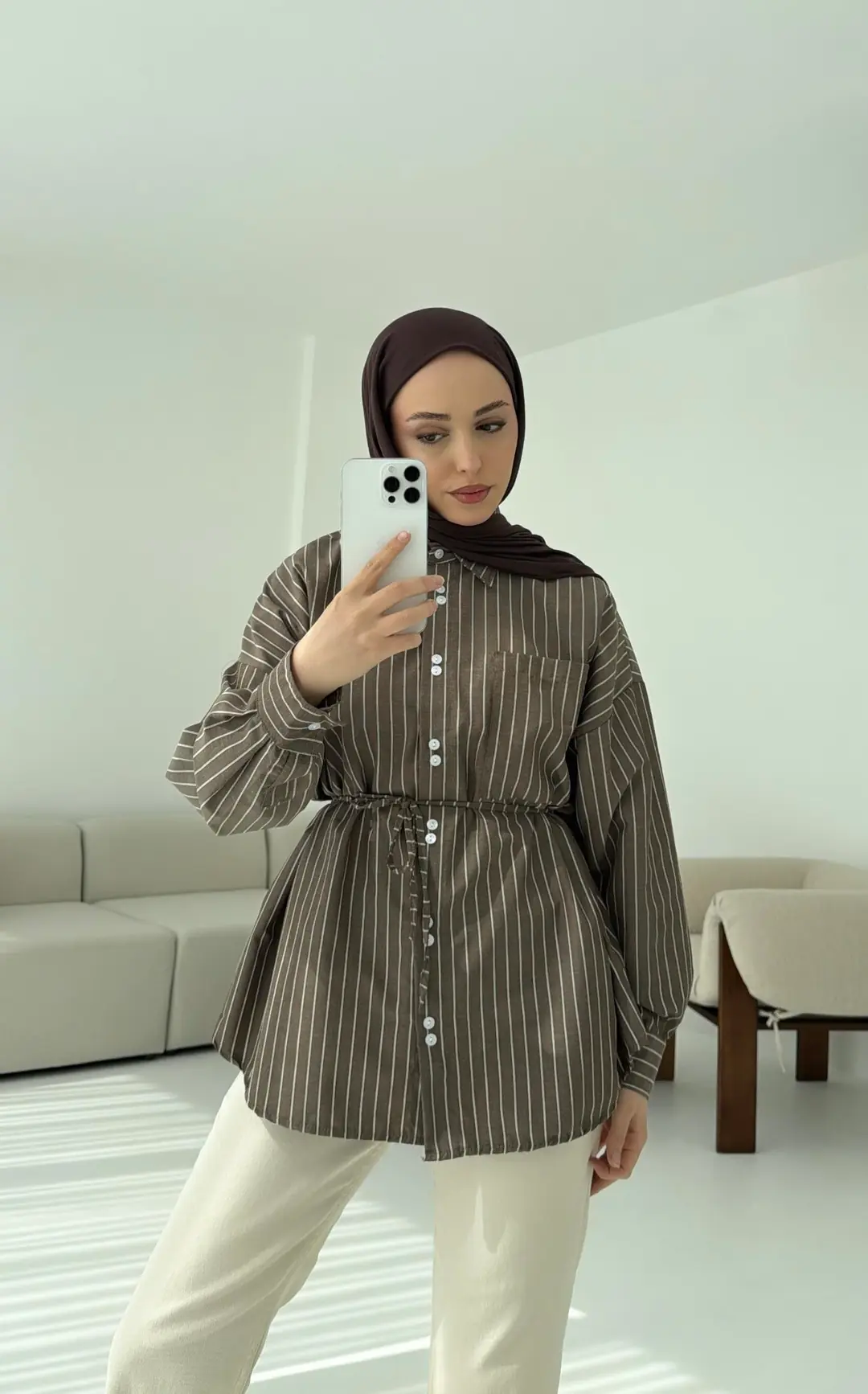 Kahve Çizgili Bağlamalı Gömlek