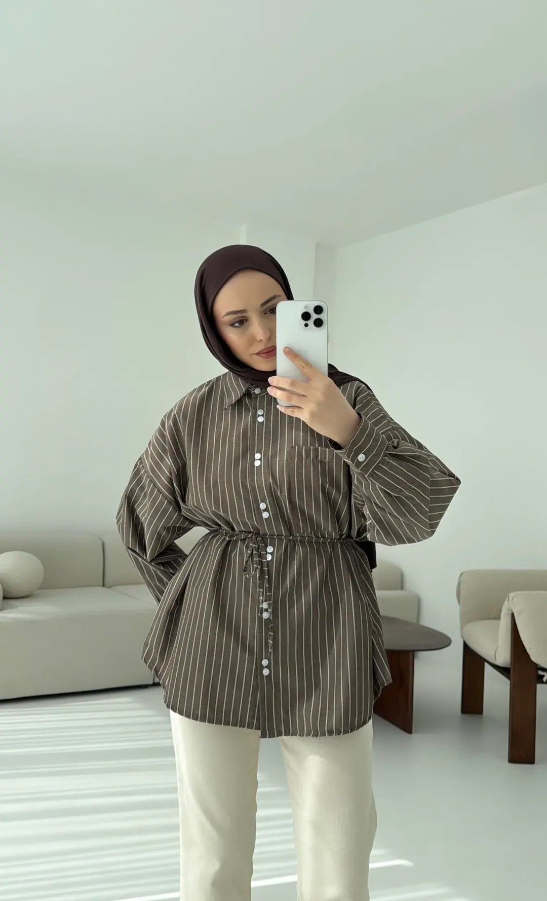 Kahve Çizgili Bağlamalı Gömlek