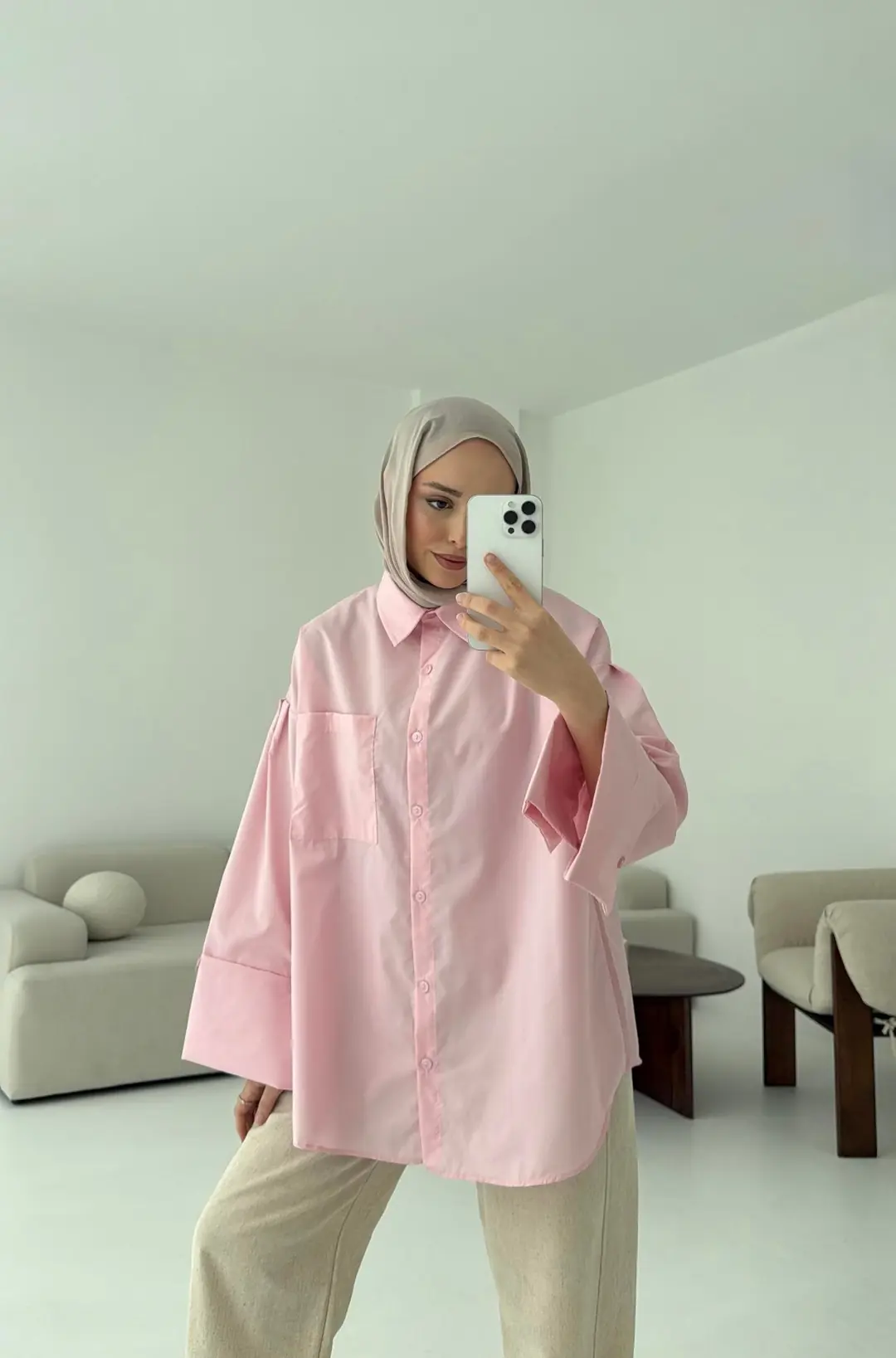 Kalın Manşetli Oversize Pembe Gömlek