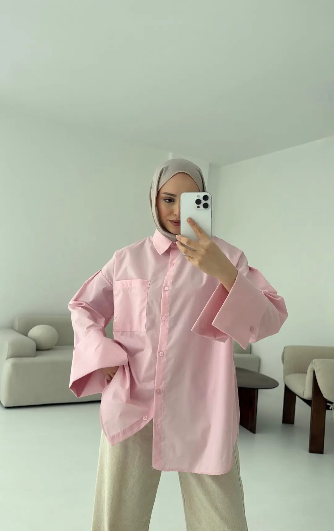 Kalın Manşetli Oversize Pembe Gömlek