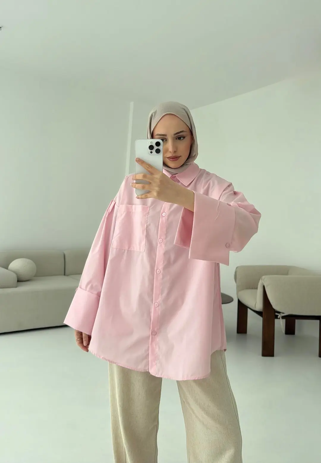 Kalın Manşetli Oversize Pembe Gömlek