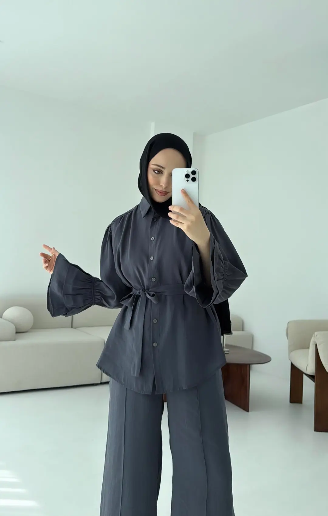 Büzgülü Oversize Gömlek Takım Antrasit