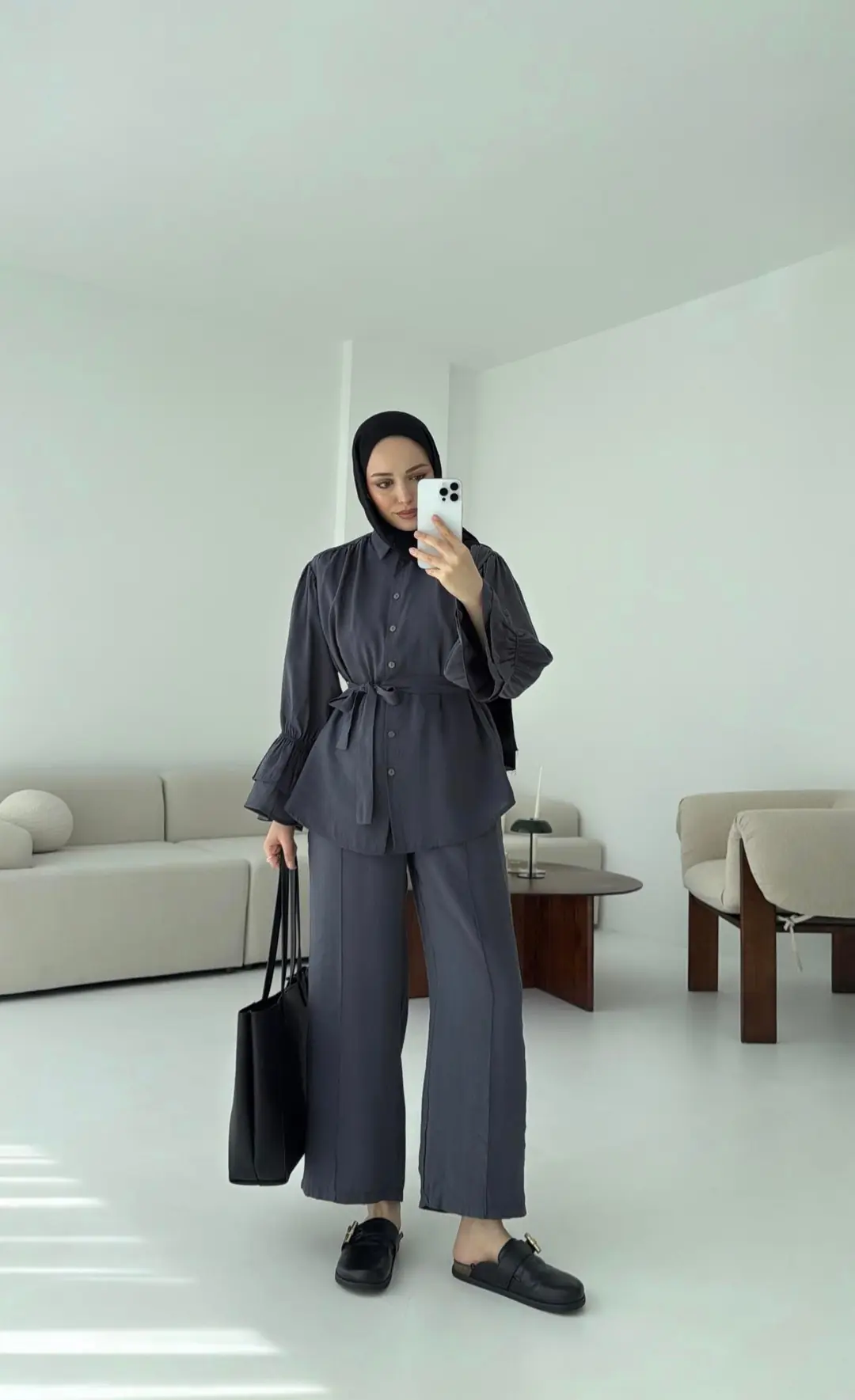 Büzgülü Oversize Gömlek Takım Antrasit