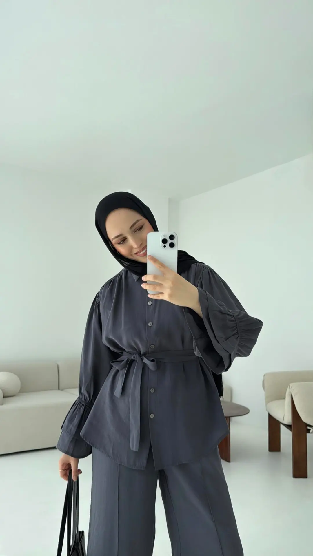 Büzgülü Oversize Gömlek Takım Antrasit