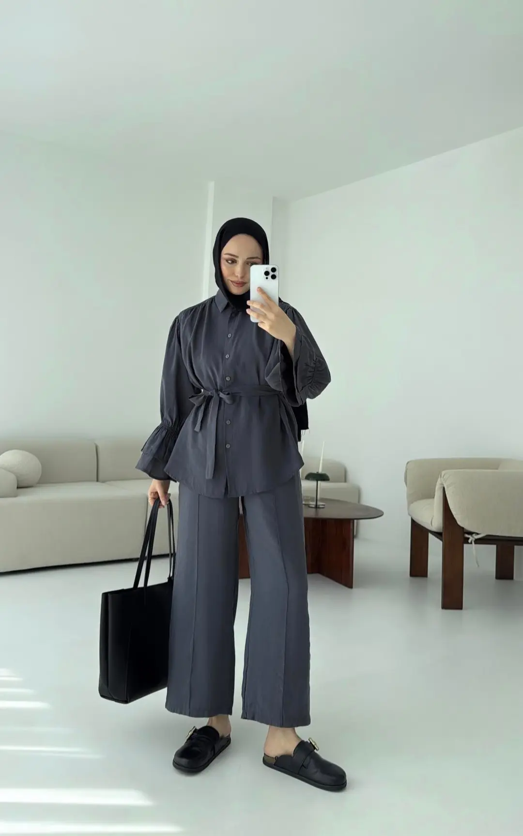 Büzgülü Oversize Gömlek Takım Antrasit