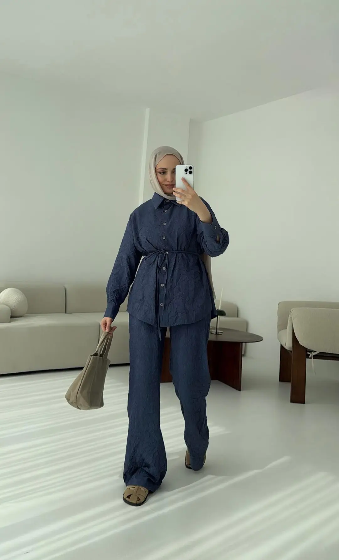 Kırışık Kumaş Takım Lacivert