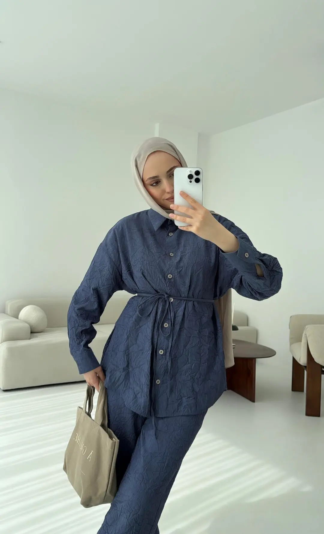 Kırışık Kumaş Takım Lacivert