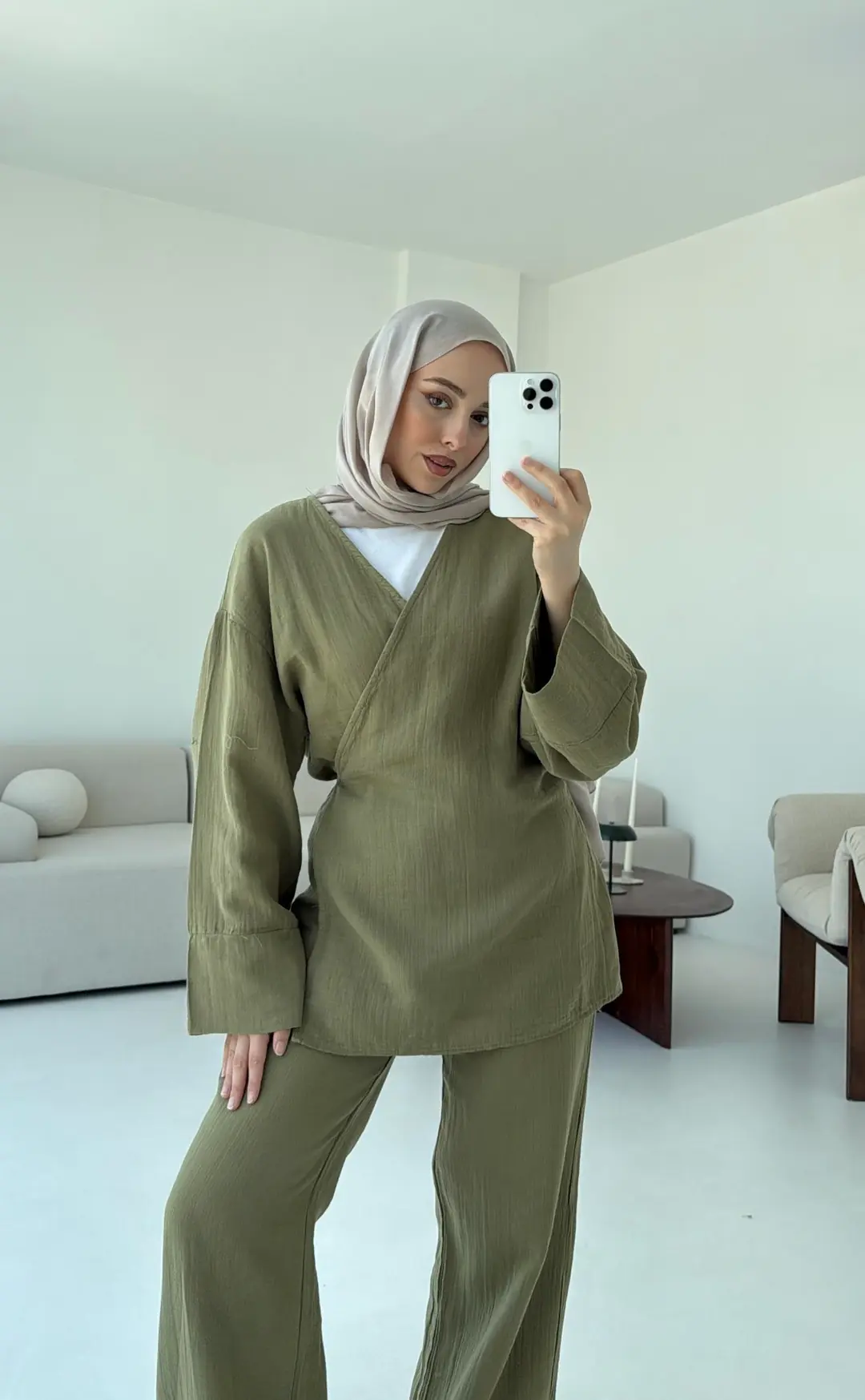 Müslin Yandan Baglamalı Takım Haki