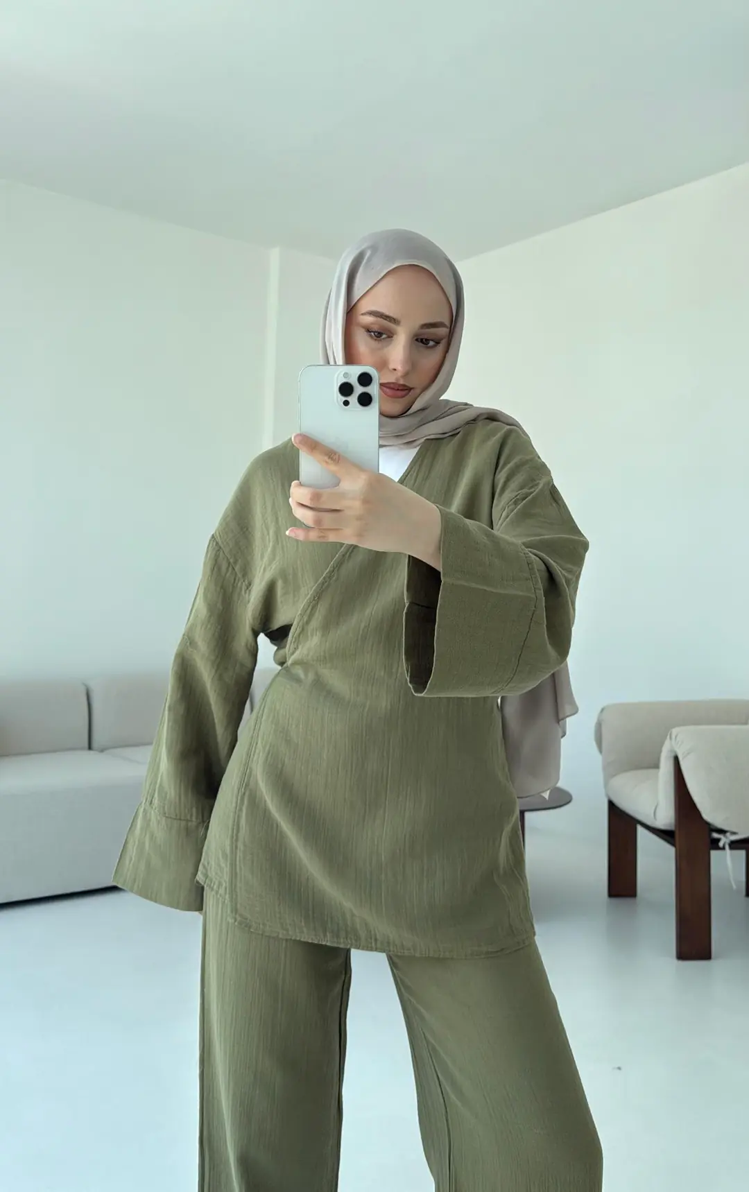 Müslin Yandan Baglamalı Takım Haki