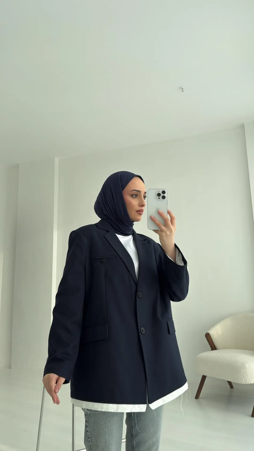 Arkası Baskılı Blazer Ceket Lacivert