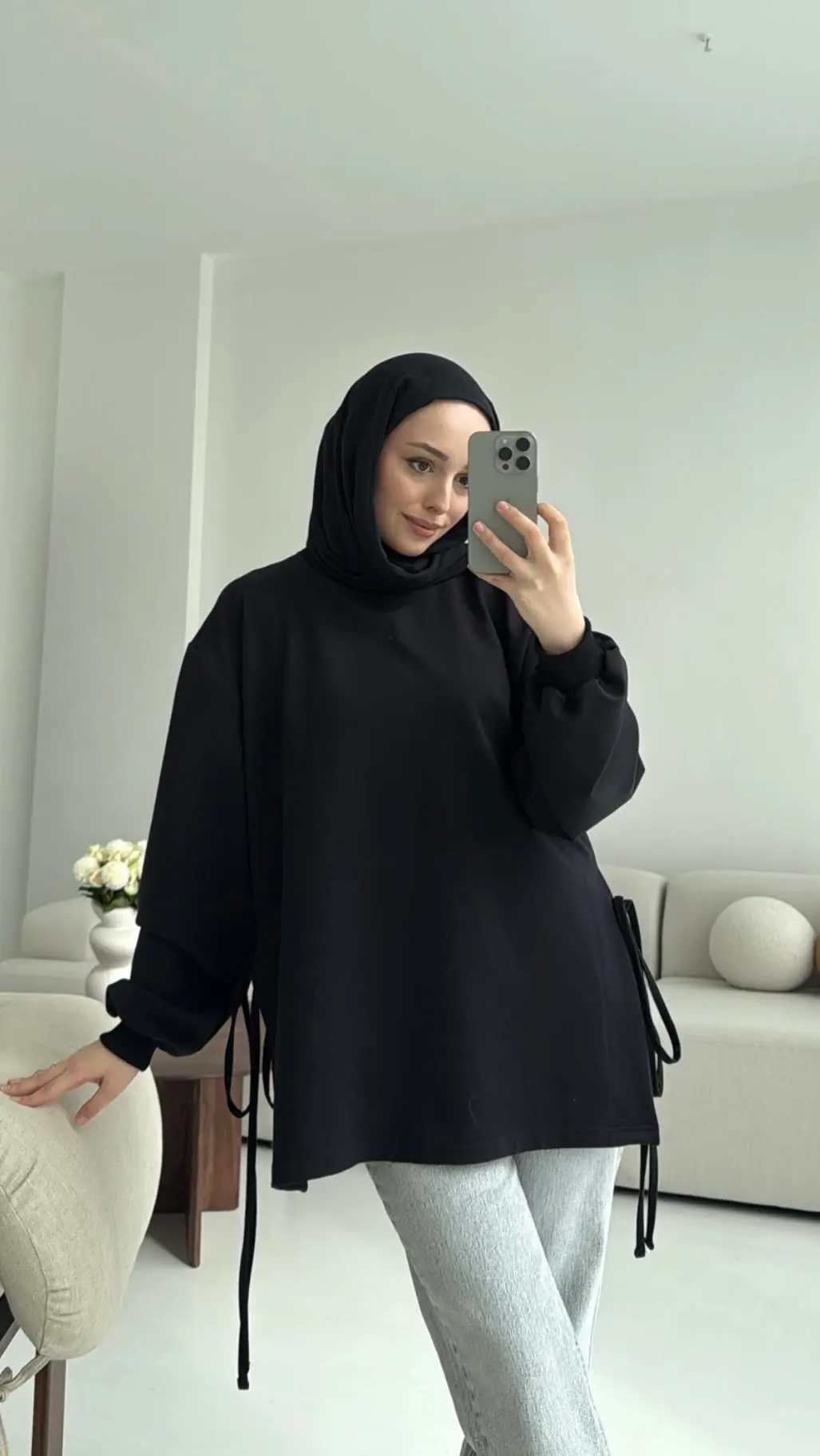 Yanları Bağlamalı Yazlık Sweatshirt Siyah