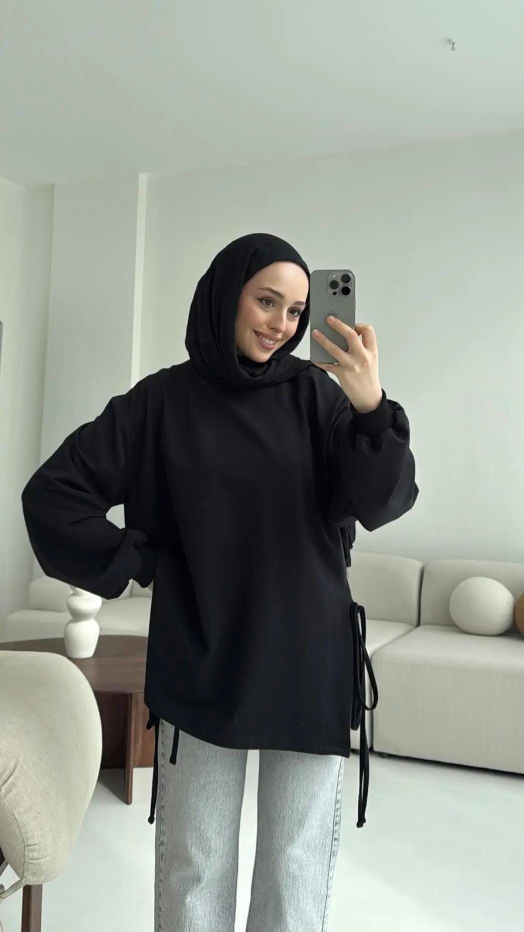 Yanları Bağlamalı Yazlık Sweatshirt Siyah