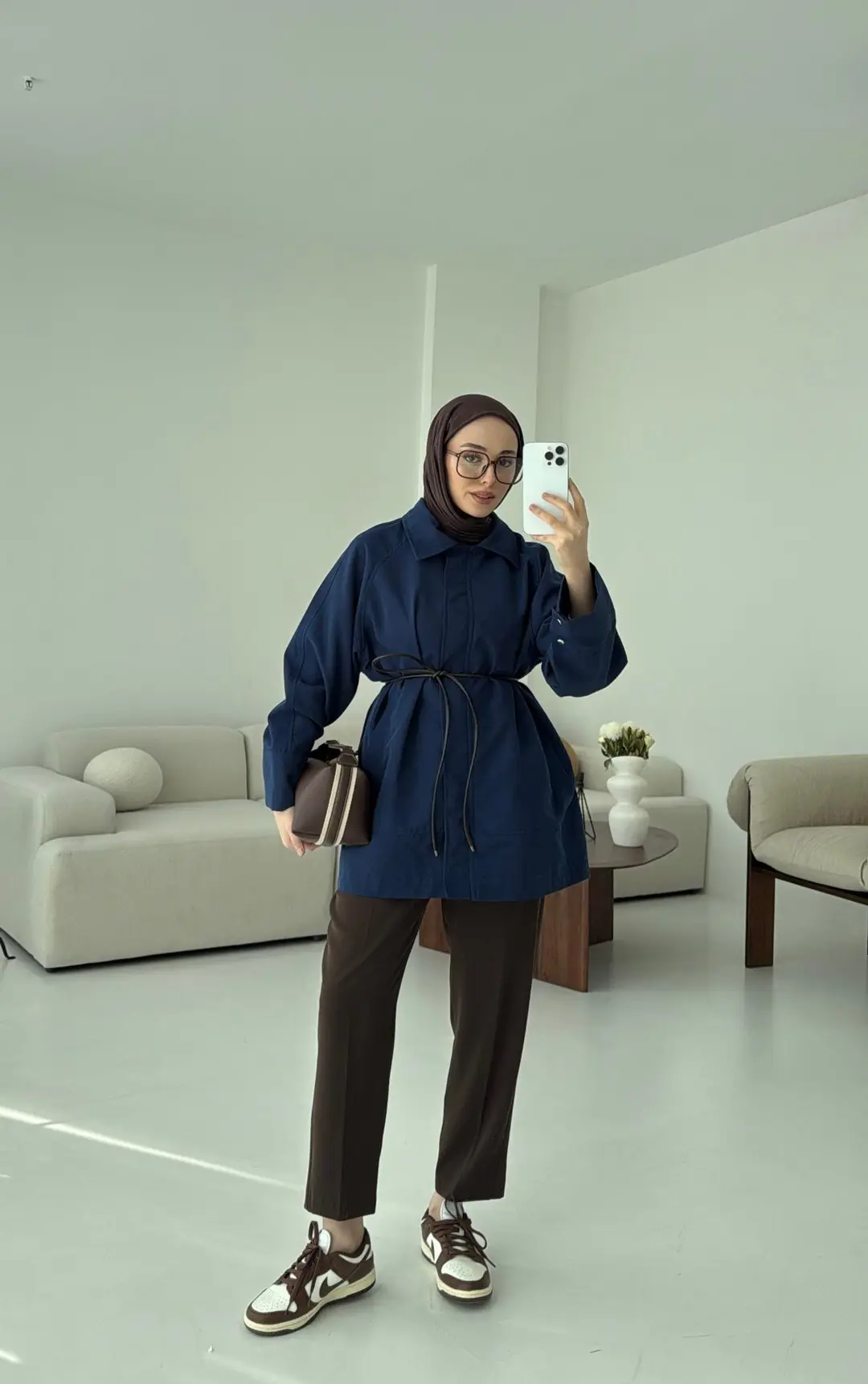 Deri Kemerli Premium Astarlı Fermuarlı Trençkot Lacivert