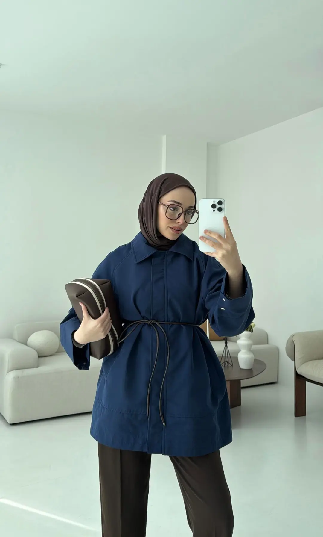 Deri Kemerli Premium Astarlı Fermuarlı Trençkot Lacivert