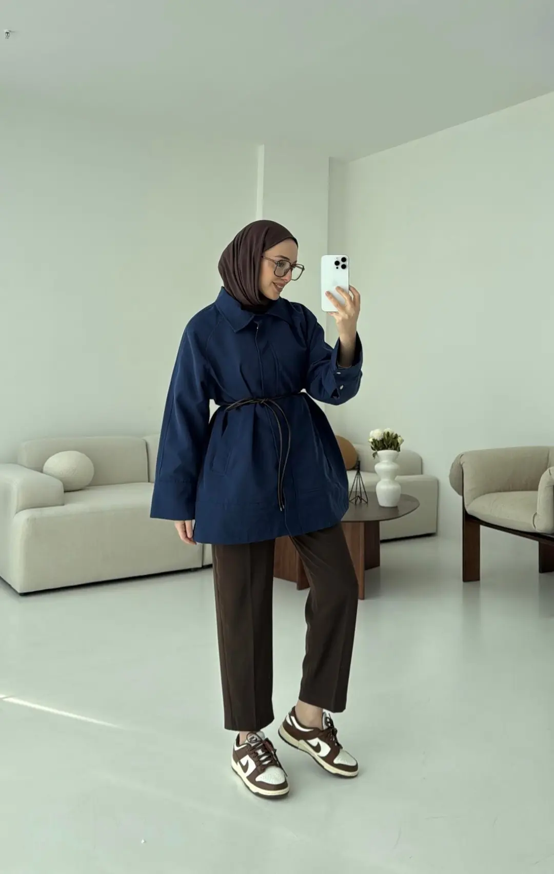 Deri Kemerli Premium Astarlı Fermuarlı Trençkot Lacivert