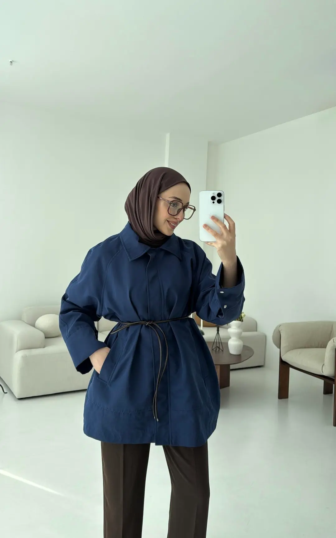 Deri Kemerli Premium Astarlı Fermuarlı Trençkot Lacivert