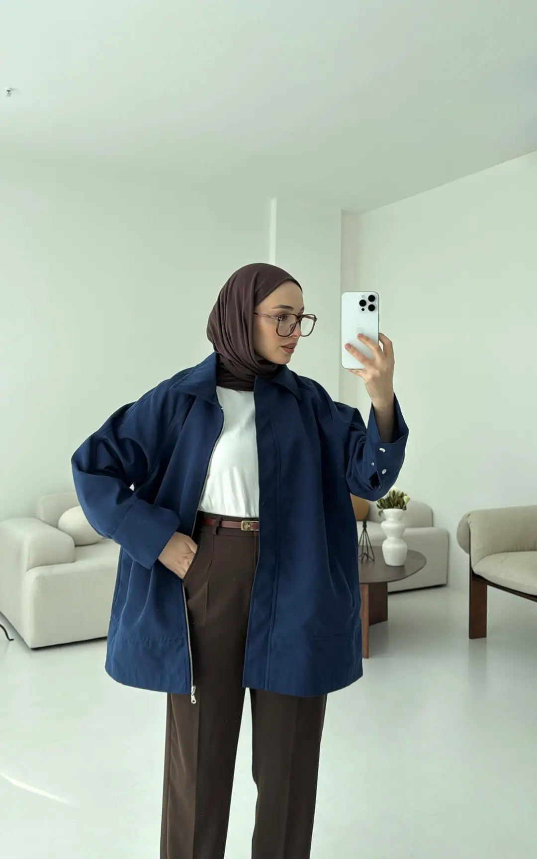 Deri Kemerli Premium Astarlı Fermuarlı Trençkot Lacivert