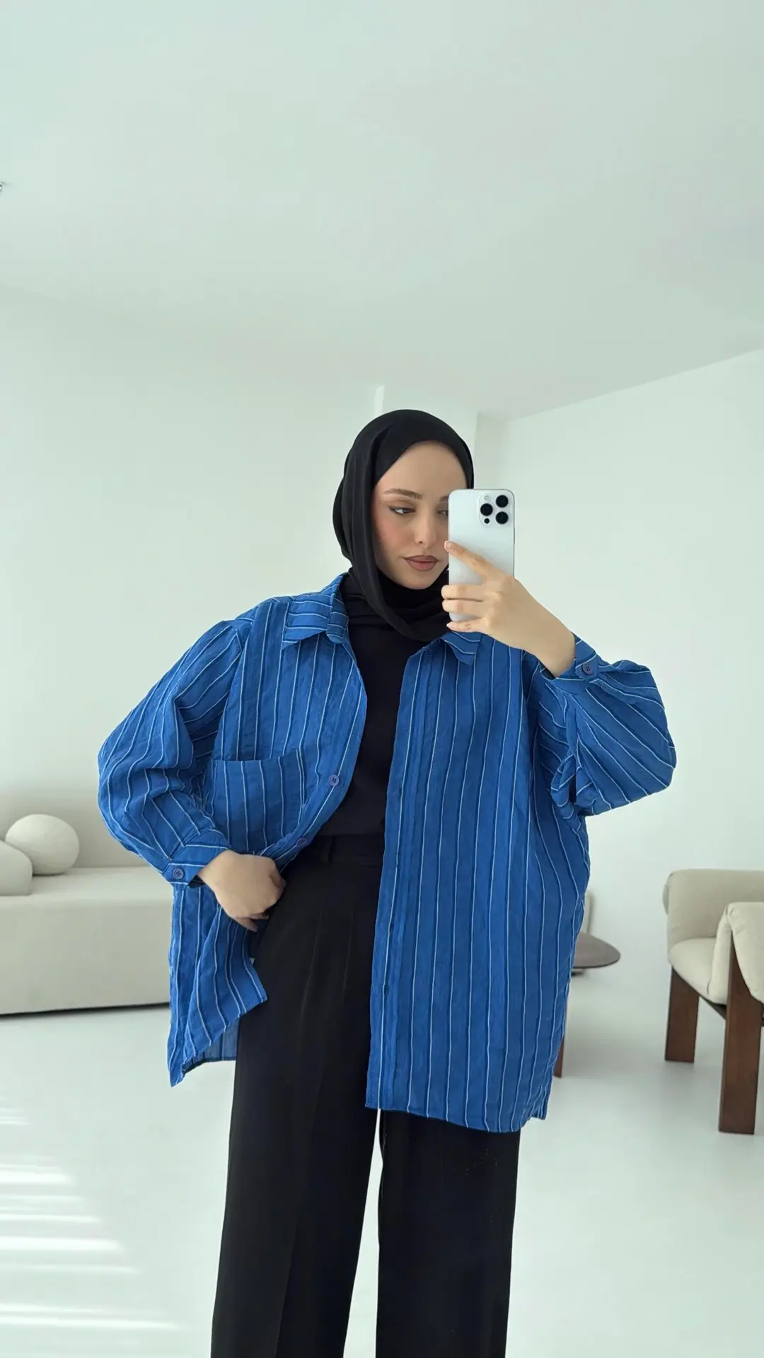 Düşük Omuz Çizgili Gömlek Saks Mavi