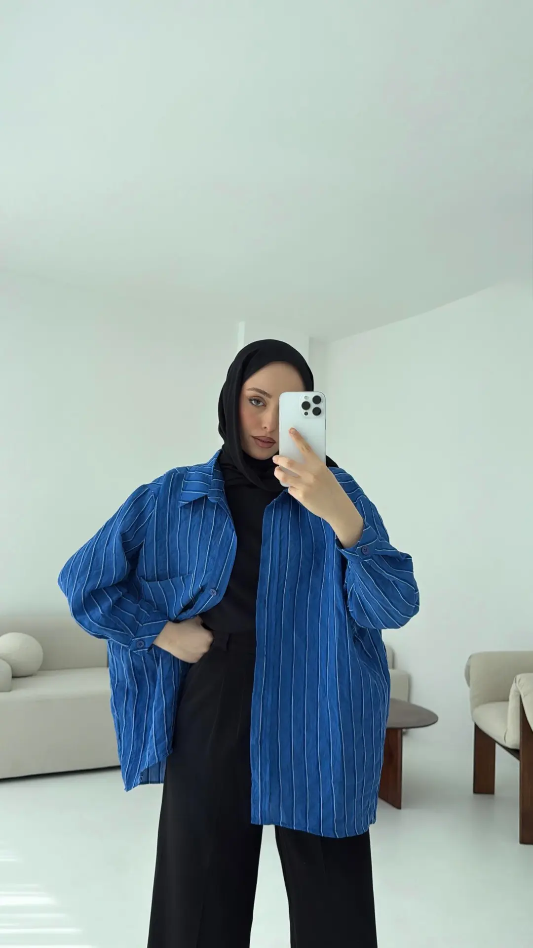 Düşük Omuz Çizgili Gömlek Saks Mavi