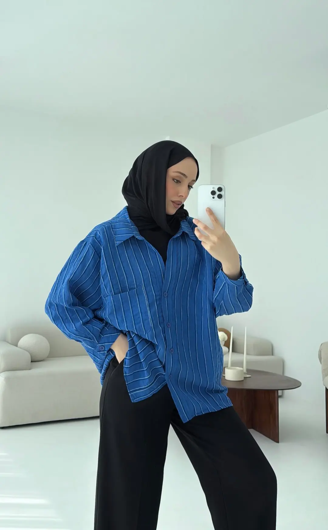 Düşük Omuz Çizgili Gömlek Saks Mavi