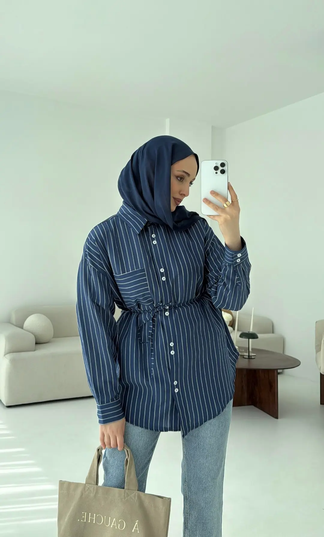 Lacivert Çizgili Bağlamalı Gömlek