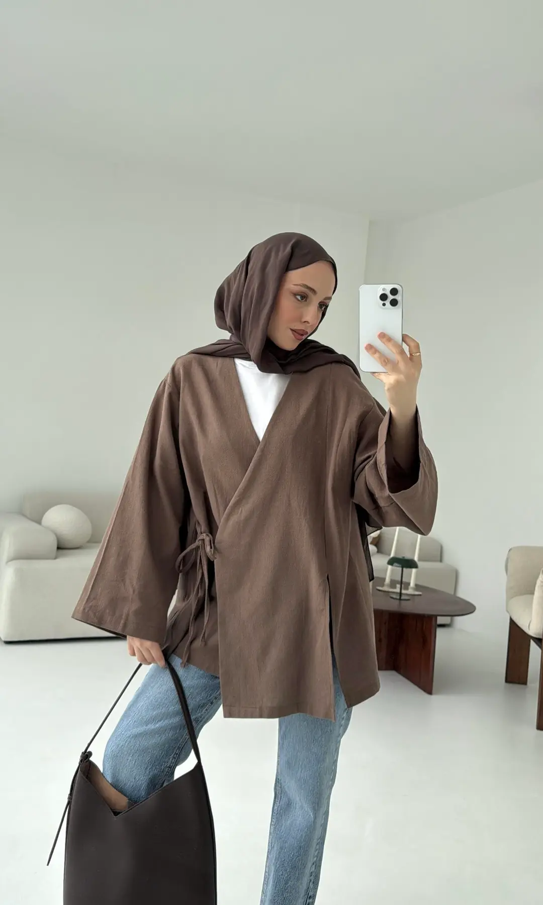 Kahve Yırtmaç Detay Keten Kimono