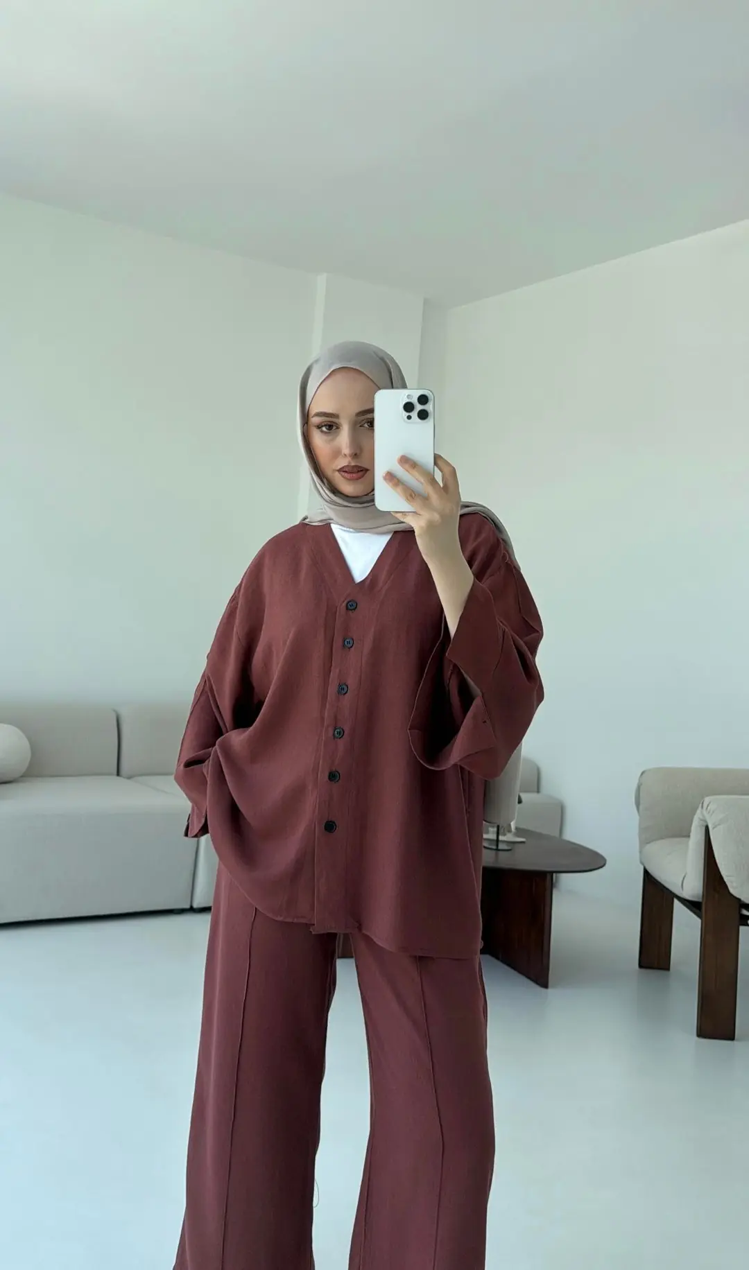 Düğmeli Kimono Takım Kiremit