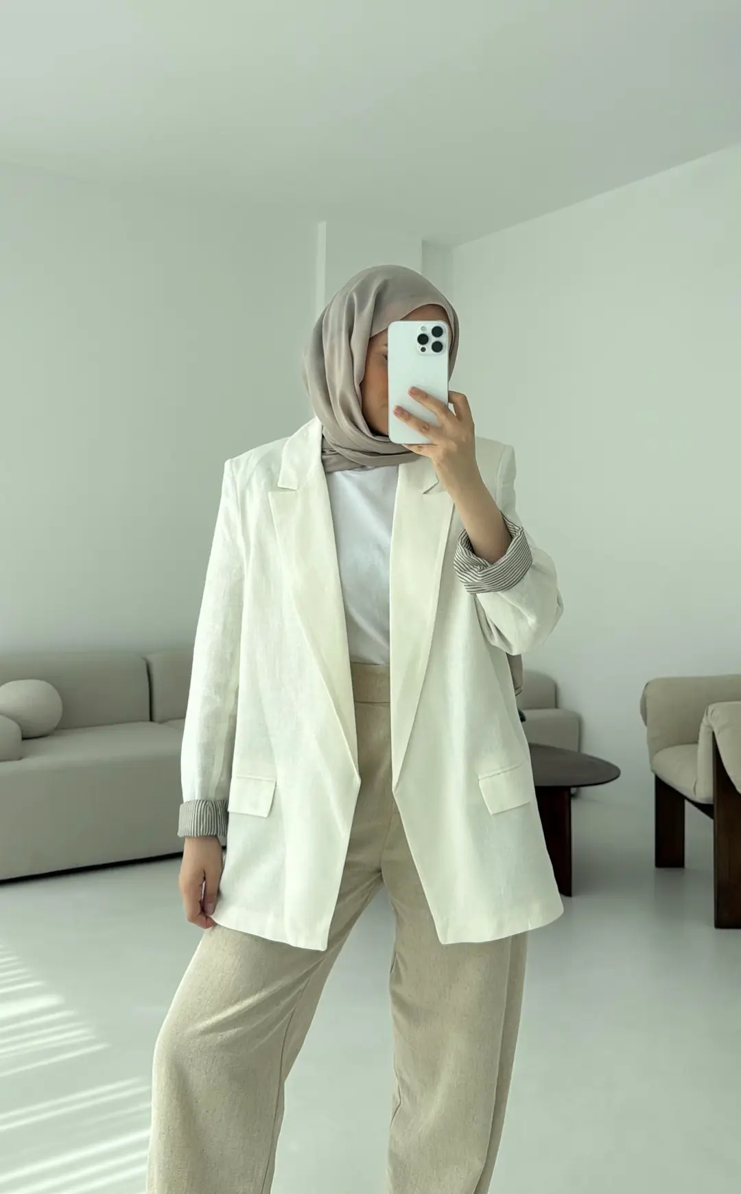 Keten Astarı Çizgili Blazer Ceket Beyaz