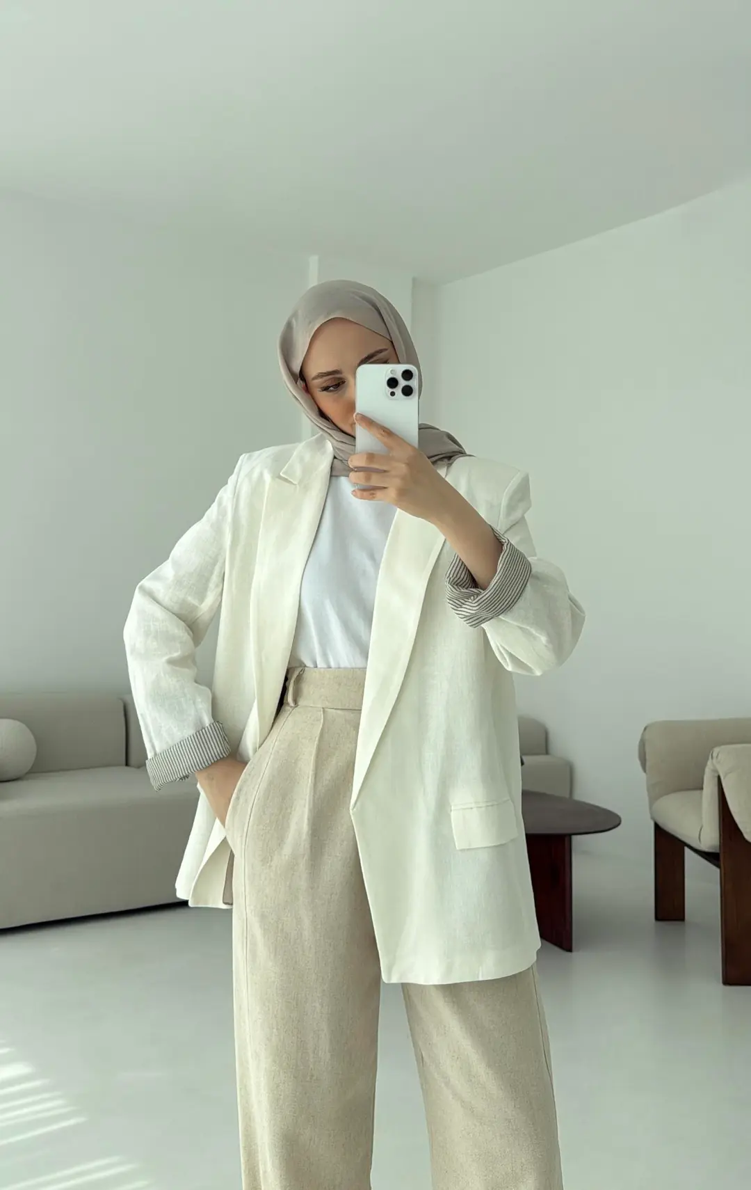 Keten Astarı Çizgili Blazer Ceket Beyaz