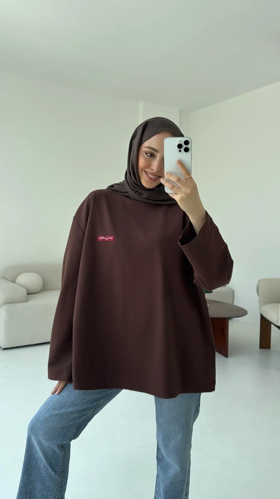 Etiket Baskılı Sweatshirt Kahve