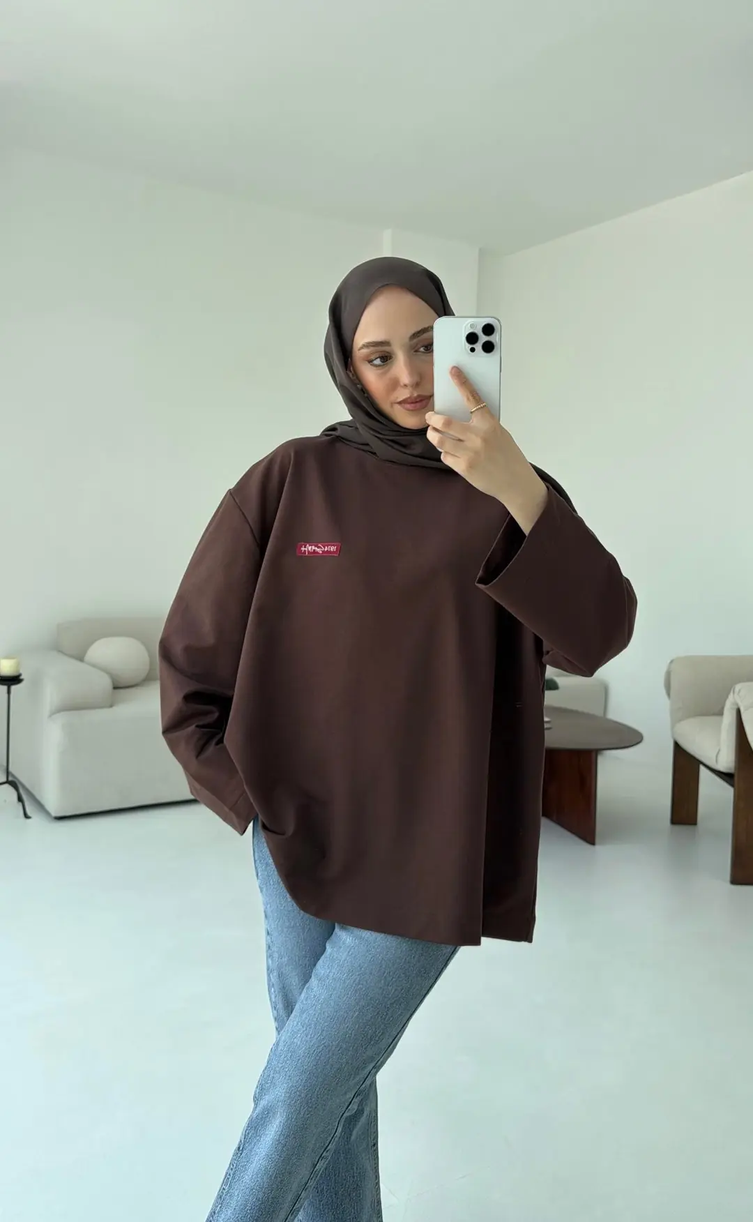 Etiket Baskılı Sweatshirt Kahve