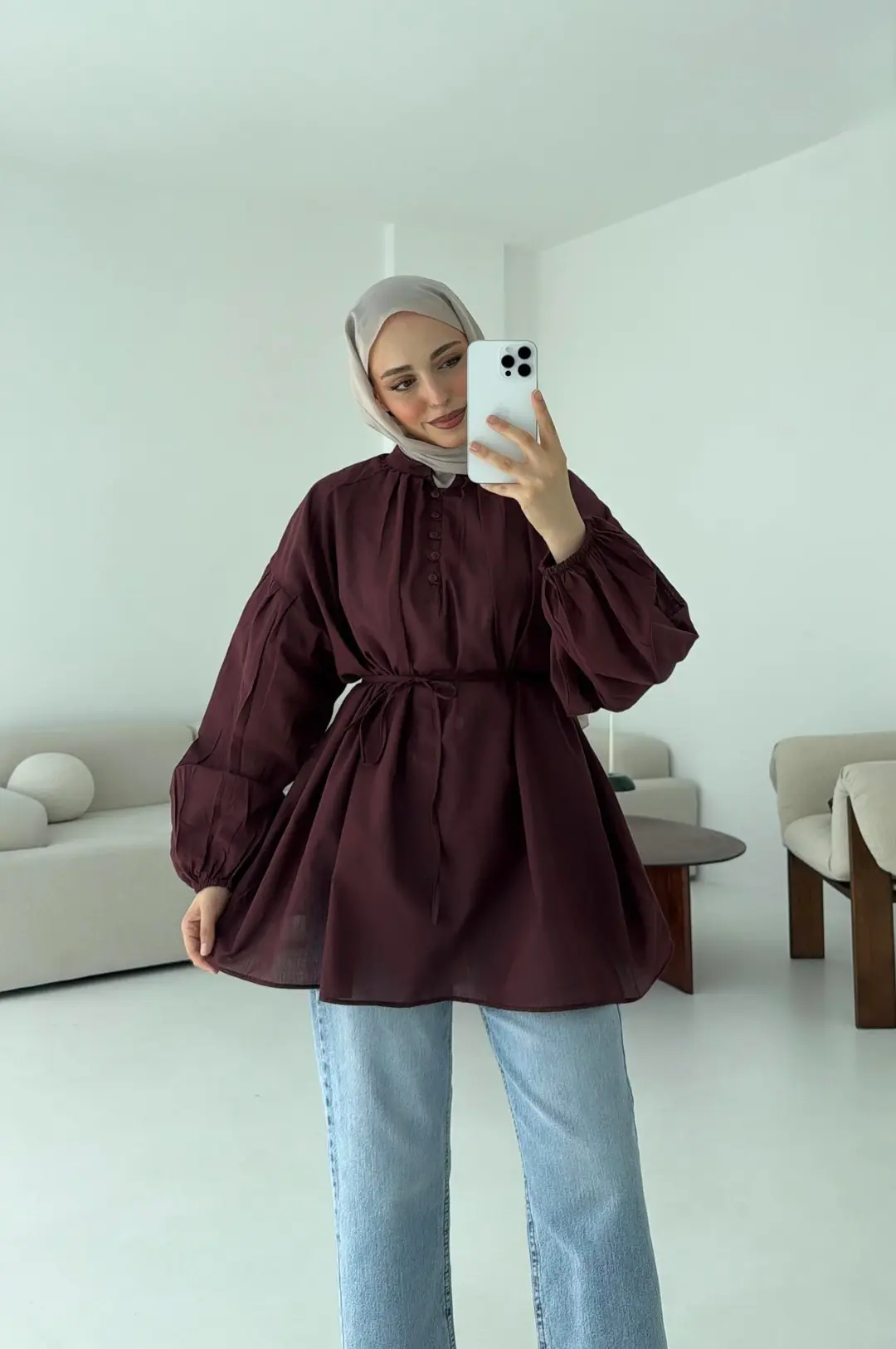 Yarım Dügmeli Vual Gömlek Bordo