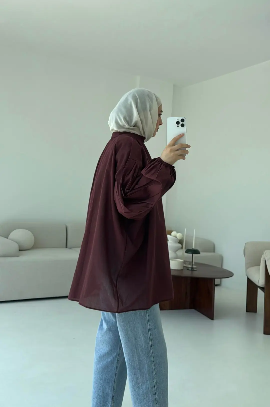 Yarım Dügmeli Vual Gömlek Bordo