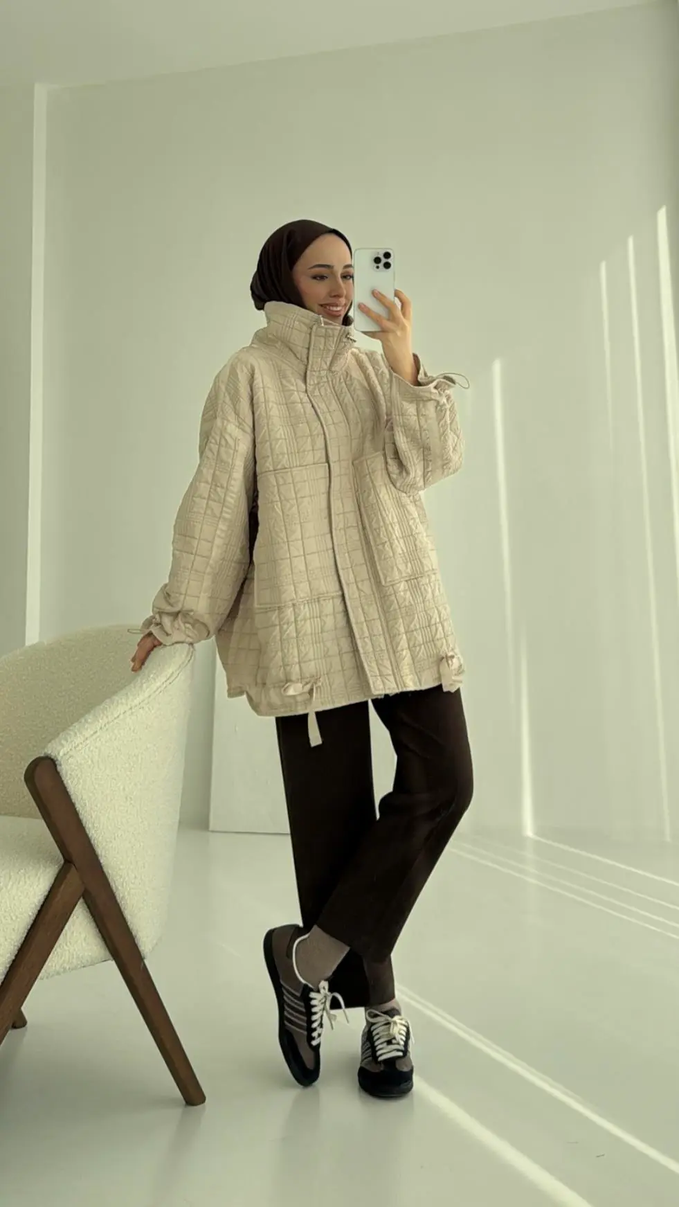 Kapitone Oversize Kol Detay Ceket Bej
