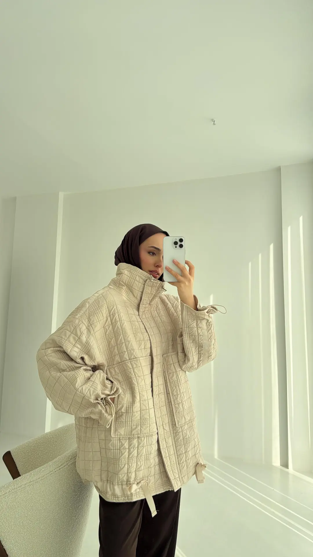Kapitone Oversize Kol Detay Ceket Bej