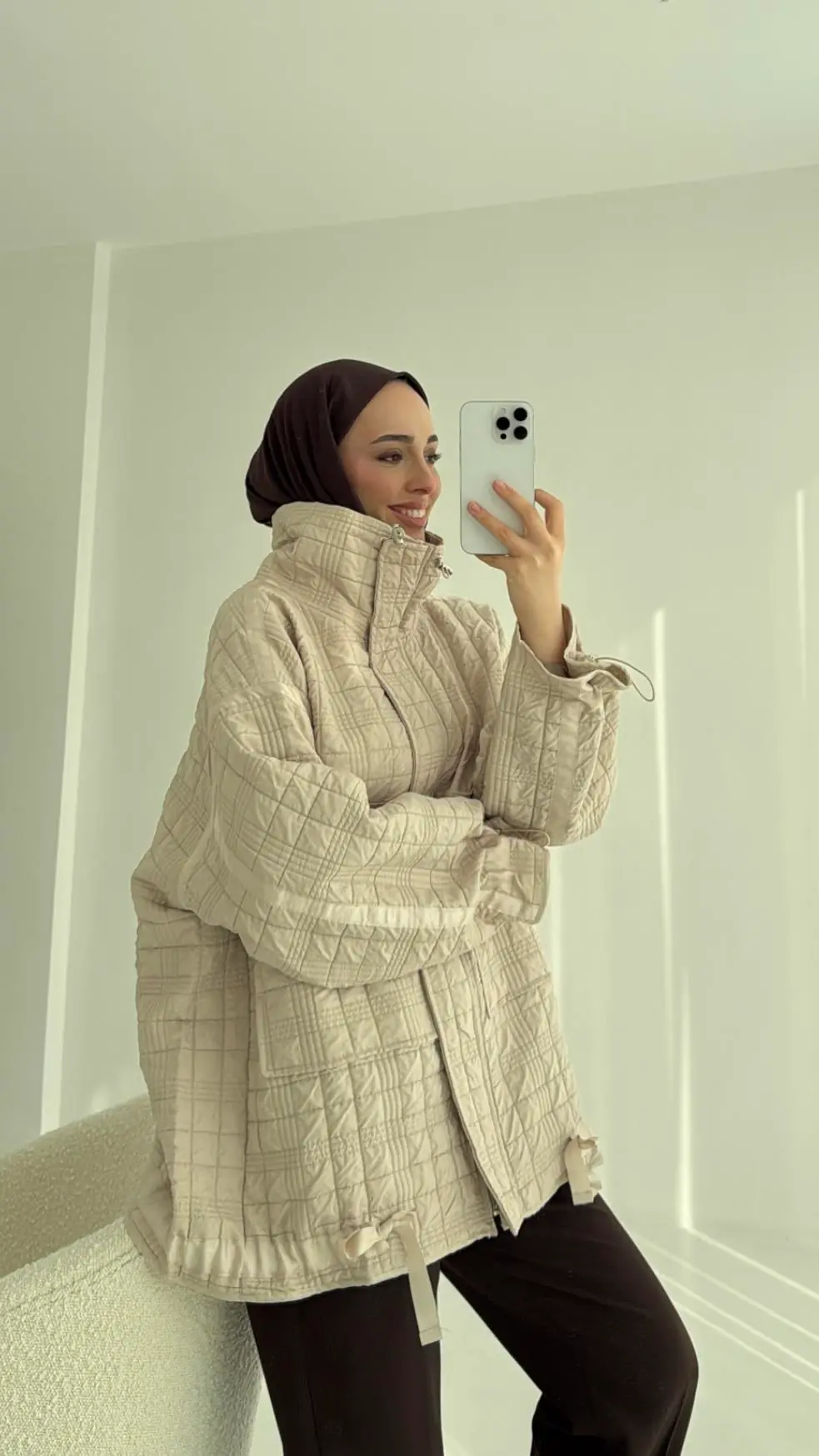 Kapitone Oversize Kol Detay Ceket Bej