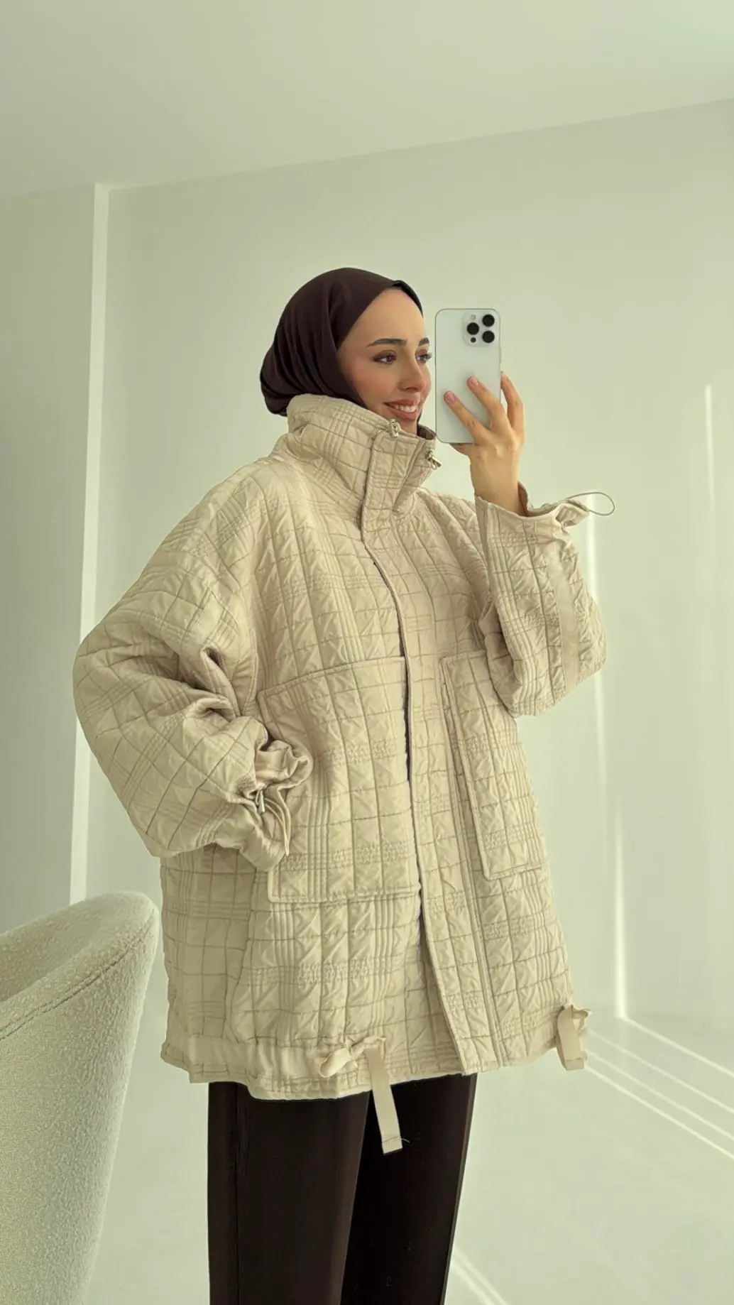 Kapitone Oversize Kol Detay Ceket Bej