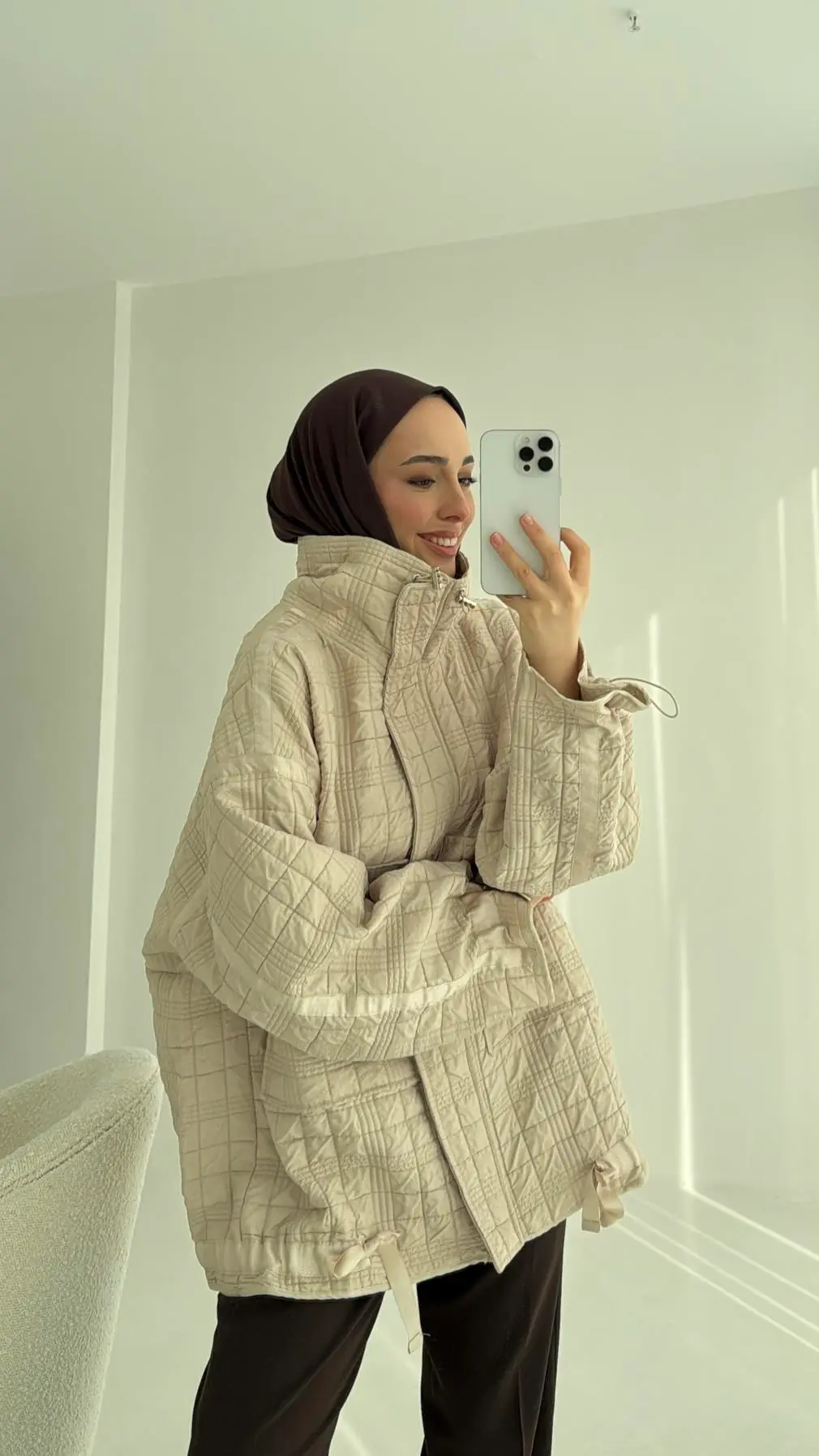 Kapitone Oversize Kol Detay Ceket Bej